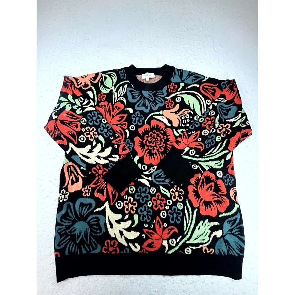 Bohme Sweater Womens XL Multicolor Floral Tight Knit Crew Neck Thermal Boho